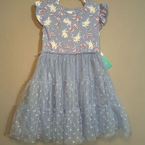 Light Blue Bunny Print Tiered Tulle Easter Dress for Kids 4T